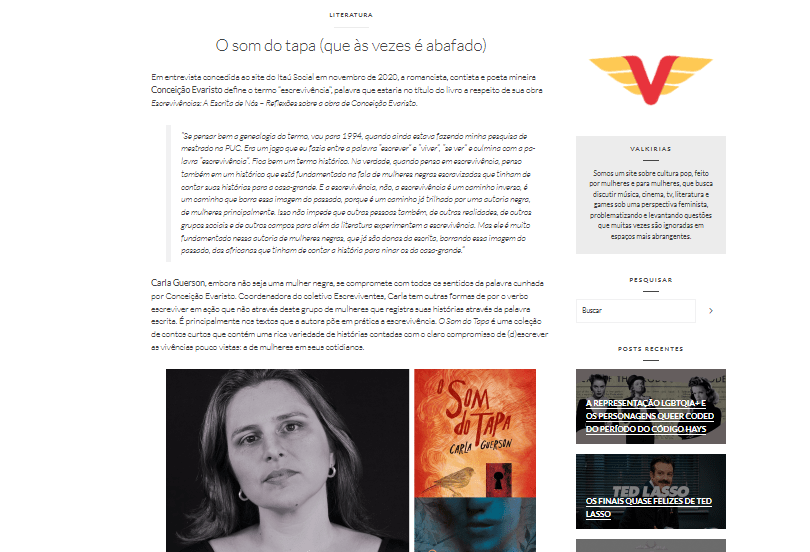 Entrevista para o site Valkirias, sobre o livro, o som do tapa.